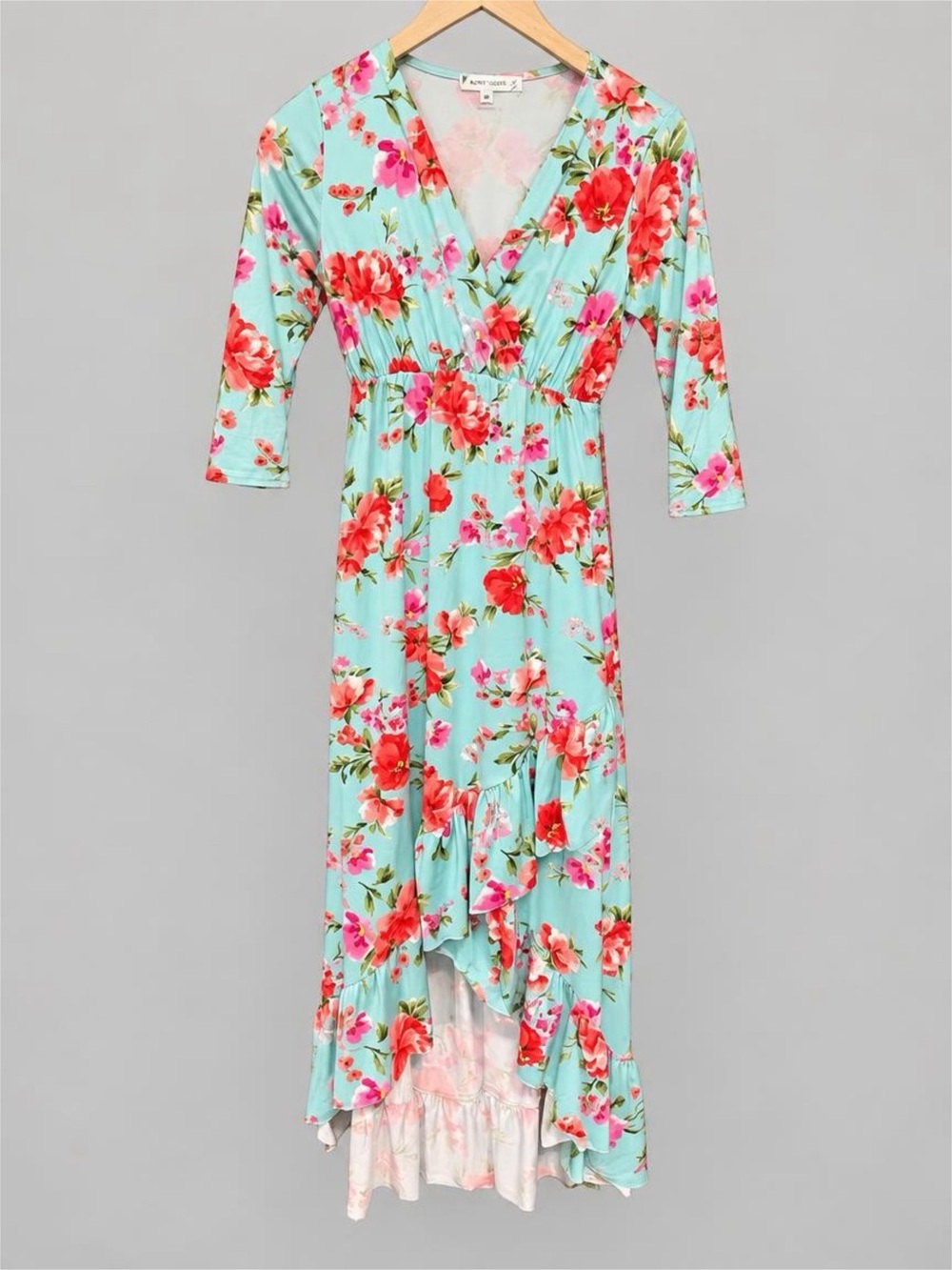 Maternity Floral High-Low Maxi Dress in Aqua with Pink & Red Blooms